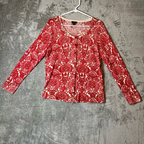TALBOTS Orange Paisley Pure Merino Wool Cardigan Sweater Size Large Petite LP - Picture 1 of 6